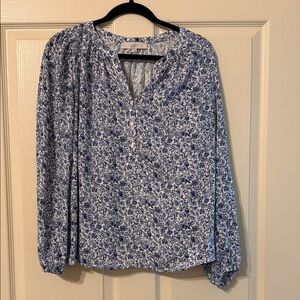 LOFT Blue and White Floral Button-Front Peasant Blouse